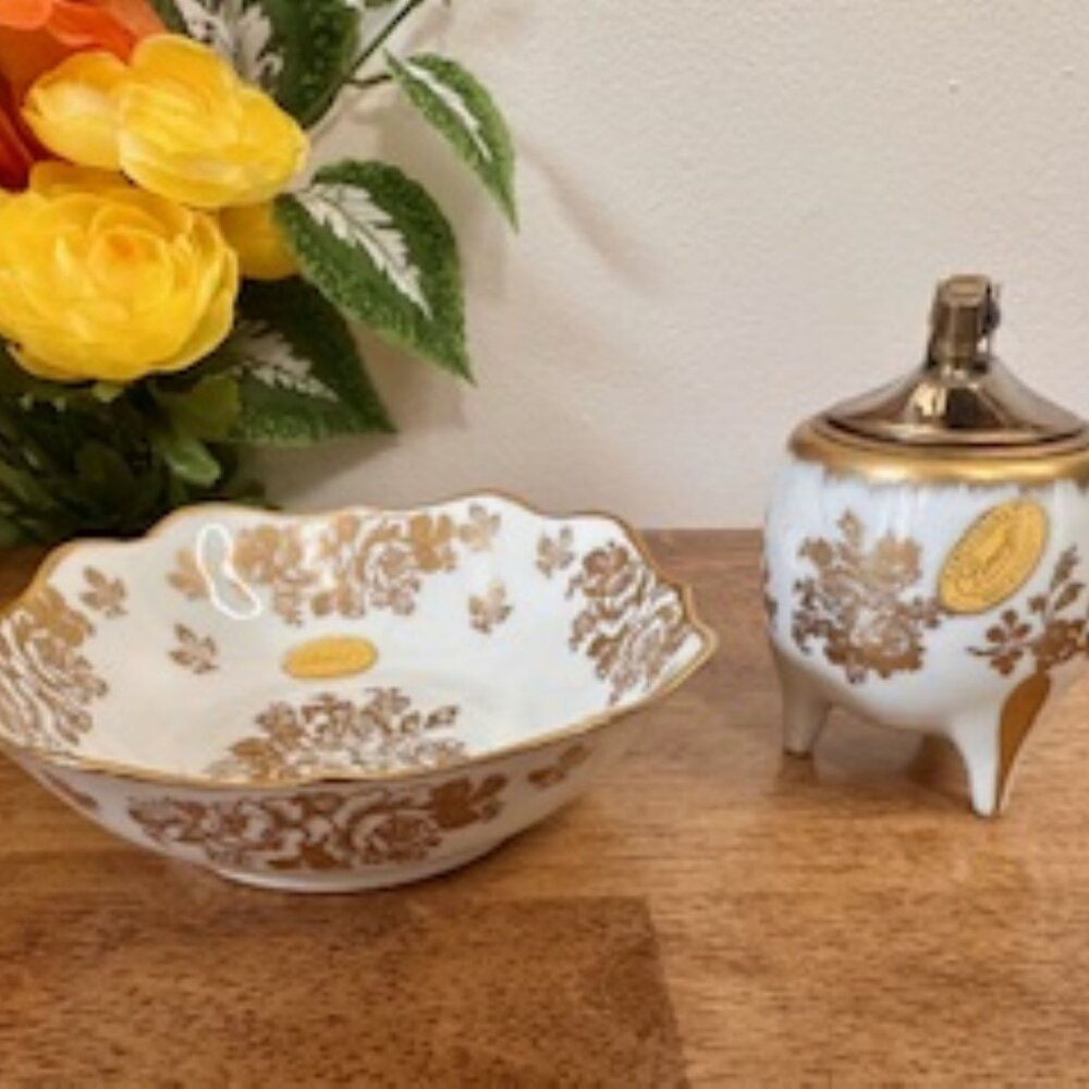 Vintage Limoges Hand Painted Porcelain Table Lighter and Matching Bowl Set Gold